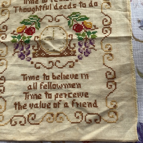 Antique vintage embroidery/stitchery give me time poem on the front with a clock - Picture 5 of 12